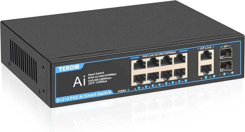 TEROW PoE Gigabit Switch 8-Port with 2 uplink & 2 SFP: 12-Port PoE+ Ethernet&10-Port Network Switches,120W,802.3af/at Compliant, Plug & Play, Metal Fanless with Shielded for Home/soho Office - Image 1